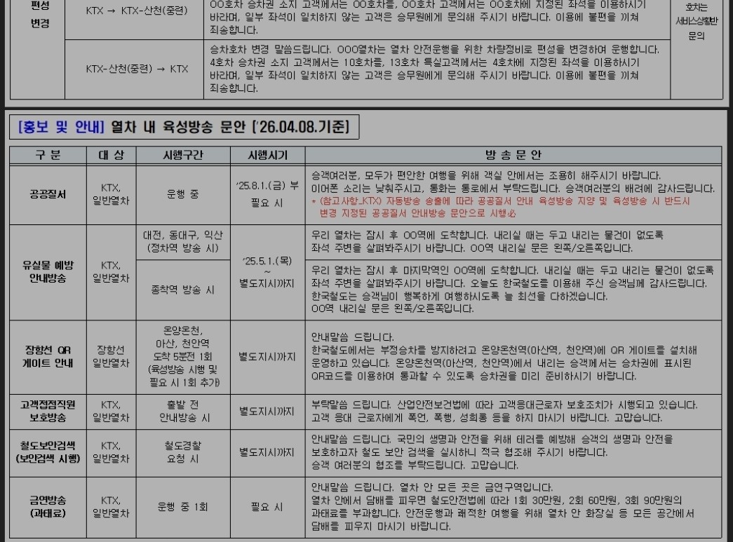 육성방송 문안 자료 4 홍보 및 안내방송